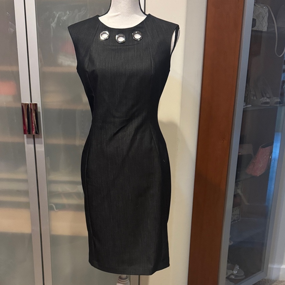 Calvin Klein Black Sleeveless Sheath Dress with Grommet Neck Detail